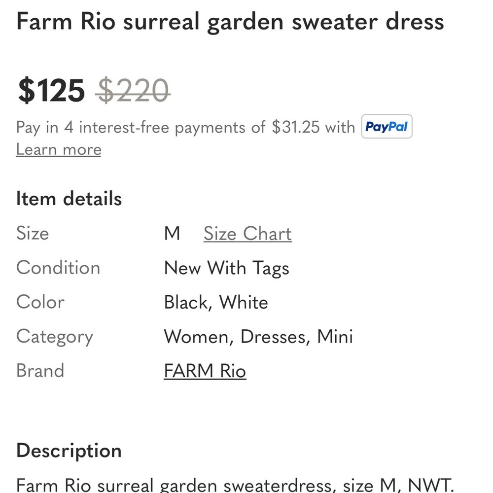 NWT Farm Rio Wool Blend Sweaterdress Black and White Floral Sweater Dress M - Picture 14 of 14